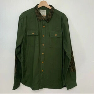 Request Denim Shirt Men XL Army Green Camo Patches Long Sleeve 100% Cotton Woven